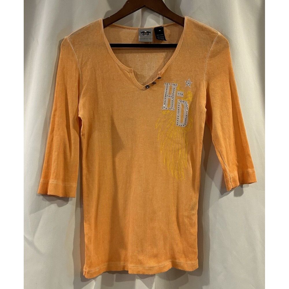 Harley Davidson Shirt Women's Medium Orange Blouse Lightweight Wings
